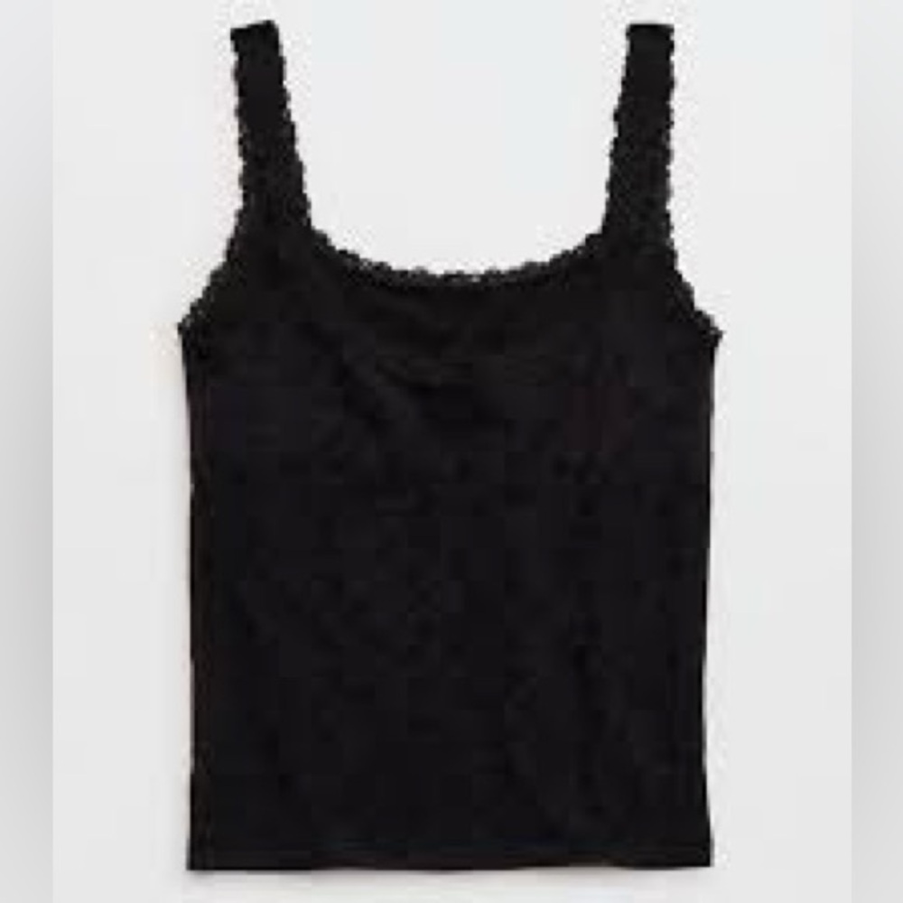 🎀 NWT Aerie Superchill Lace-trim Cotton Jacquard Black Heart Tank Top L 🎀